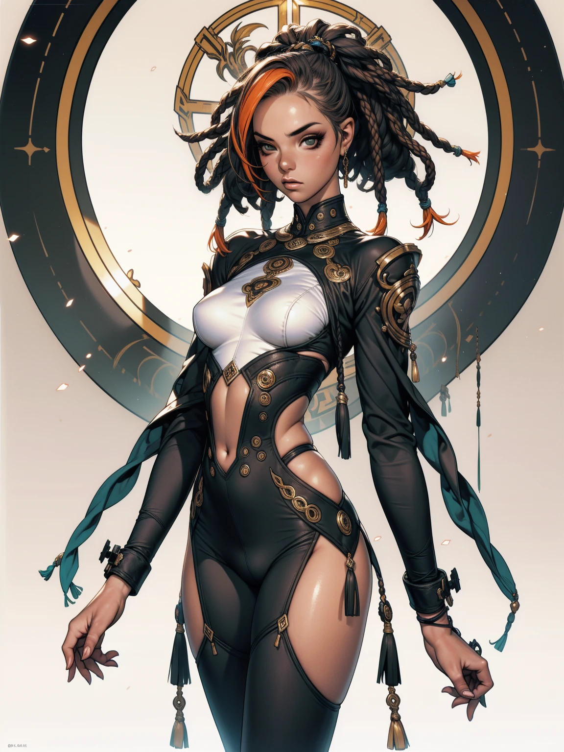 ((best qualityer)), ((work of art)), (detailded: 1.4), (absurdrez), (((black girl))), african girl, (((skin black, darkskin))), afro girl, Zulu warrior, African bracelets and necklaces, skin black, cybernetic hands, red futuristic short clothes, green and black, african savannah, defined muscular sculptural body, all-body, coxas nuas, cloused mouth, body covered in yellow cyberpunk clothes, ((perfect medium breasts)), (super light brown eyes), ((afro hair)), (((cabelo preto e branco com dreadlocks)))), long black eyelashes heavy makeup, various African jewels, naked legs, by mucha, private--V5, close to real, psychopath, pose sexy, fundo african savannah, 2 piece outfit, cake, centred, scale to adjust dimensions, HDR (high-range dynamics), ray tracing,nvidia RTX,Super-resolution,Irreal 5,subsurface scattering, PBR Texture, Post-processing, Anisotropic filtering, Depth of field, Maximum clarity and sharpness, Multilayer textures, Albedo and Specular Maps, Surface shading, Accurate simulation of light-material interaction, perfect proportions, octane rendering, two tone lighting, large aperture, Low ISO, White balance, rule of thirds, 8K CRU, African standards