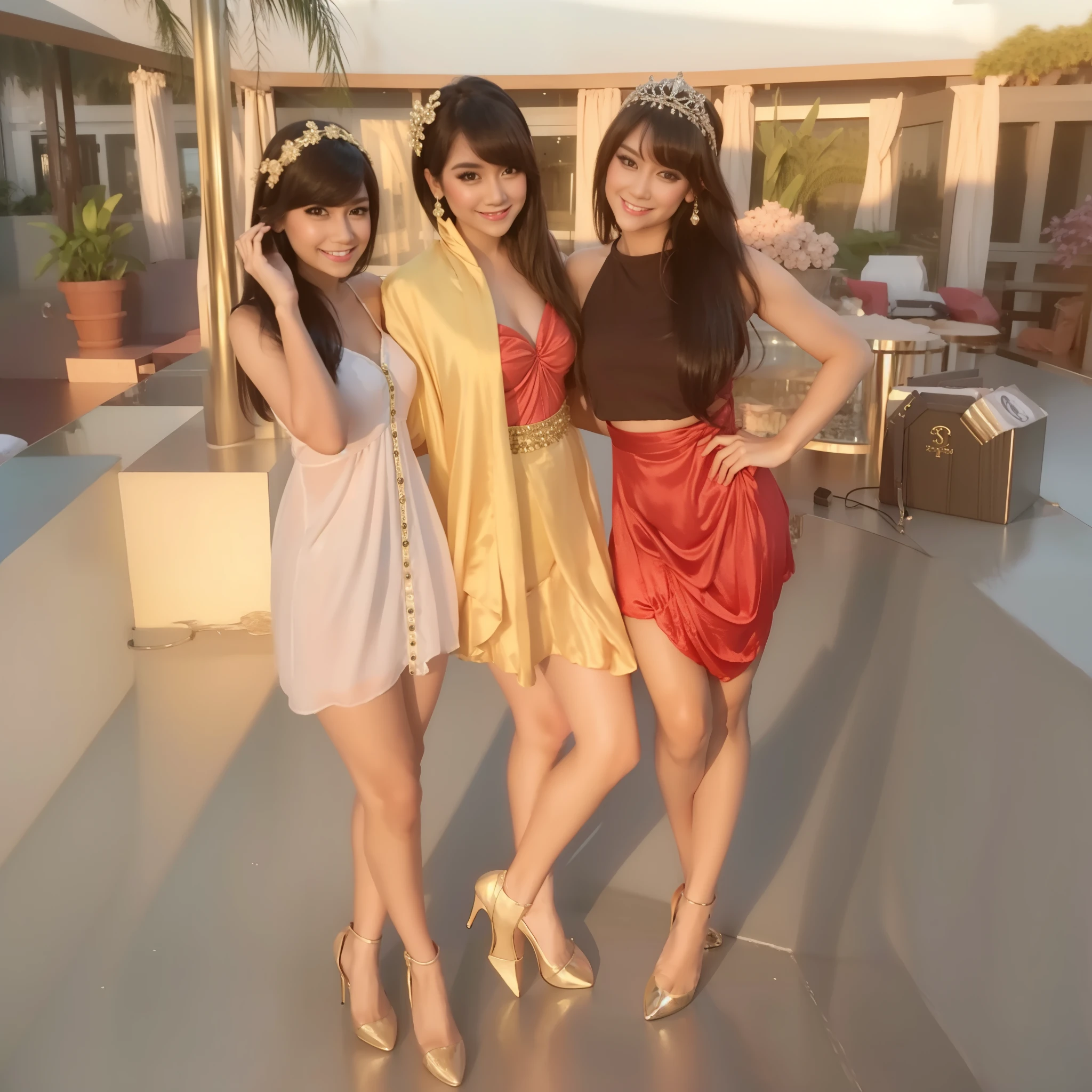 woman in slighty smiles, mini dress, breast cleavage, sensual pose, breast,earring, full body ,looking at viewer, bangs hairstyle, long hair, flawless makeup, high quality, photorealistic,masterpiece