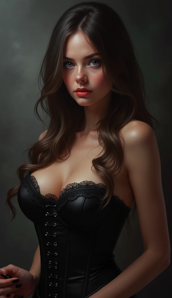 a beautiful long haired girl dressed sexy with blue eyes WEARING BLACK CORSET, LARGE BREASTS