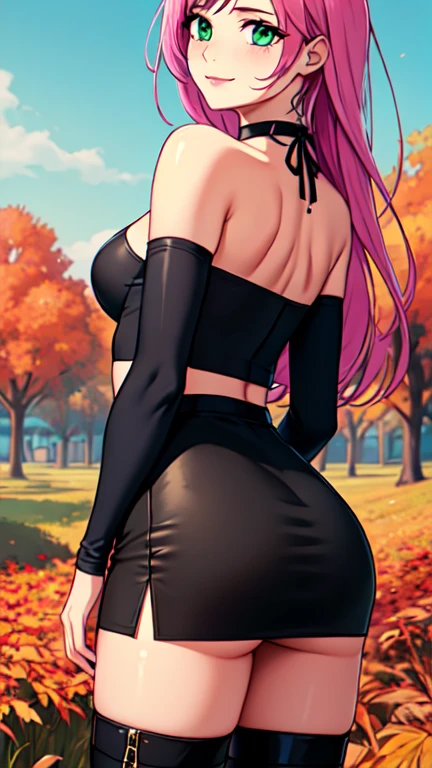 Masterpiece, raw,  beautiful art, professional artist, 8k, art style by sciamano240, very detailed face, very detailed hair, 1 woman, perfectly drawn body, beautiful face, long hair, pink hair , very detailed green eyes , rosey cheeks, intricate details in eyes, playful smile, looking directly at viewer , in love with viewer expression, black chocker, lipstick, wearing cute fall clothes, tight long sleeve black off shoulder tube top, short black pencil skirt, thigh boots, standing, sunny day fall setting, focus on feet, rear view, exposed shoulders