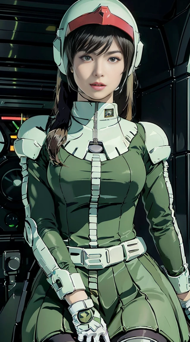 Highest image quality, outstanding details, ultra-high resolution, (realism: 1.4), the best illustration, favor details, highly condensed 1girl, with a delicate and beautiful face, dressed in a black and green mecha, wearing a mecha helmet, holding a directional controller, riding on a motorcycle, the background is a high-tech lighting scene of the future city.