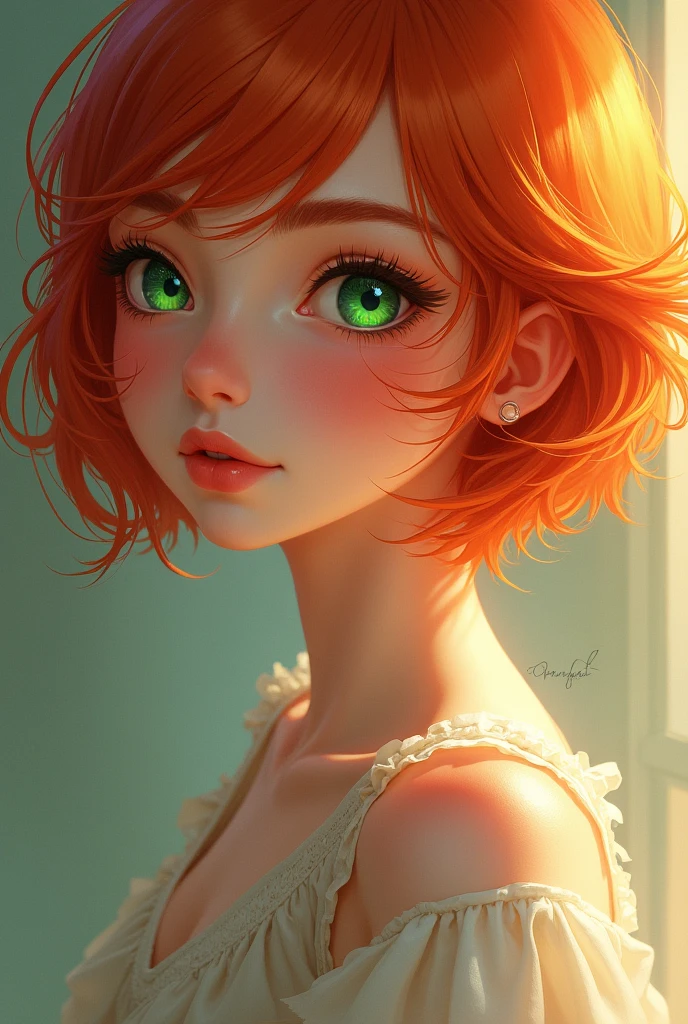 a girl with short ginger hair, green eyes