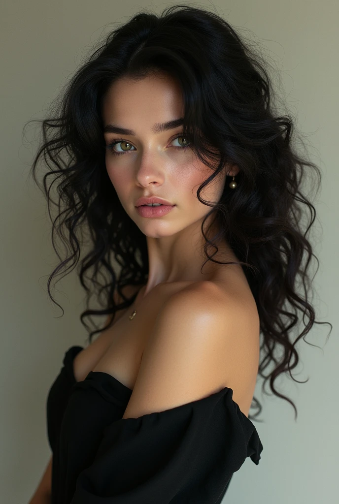 Girl with full body, with black hair, crespo, green eyes 