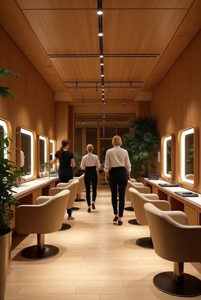 A hair salon with wooden walls and gold finishes
