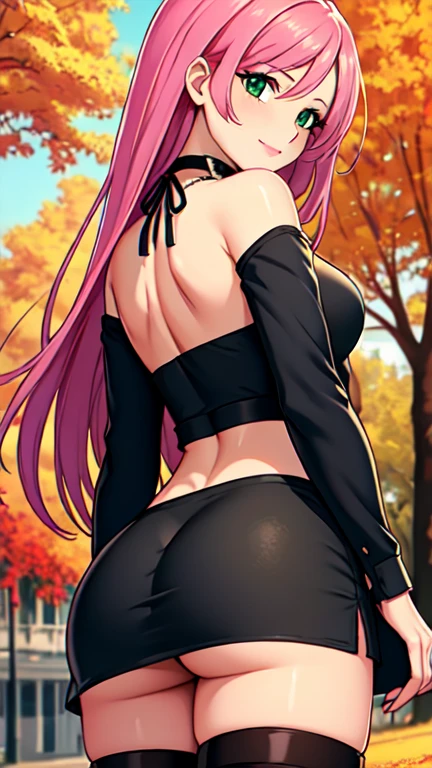 Masterpiece, raw, beautiful art, professional artist, 8k, art style by sciamano240, very detailed face, very detailed hair, 1 woman, perfectly drawn body, beautiful face, long hair, pink hair , very detailed green eyes , rosey cheeks, intricate details in eyes, playful smile, looking directly at viewer , in love with viewer expression, black chocker, lipstick, wearing cute fall clothes, tight long sleeve black off shoulder tube top, short black pencil skirt, thigh boots, standing, sunny day fall setting, focus on feet, rear view, exposed shoulders