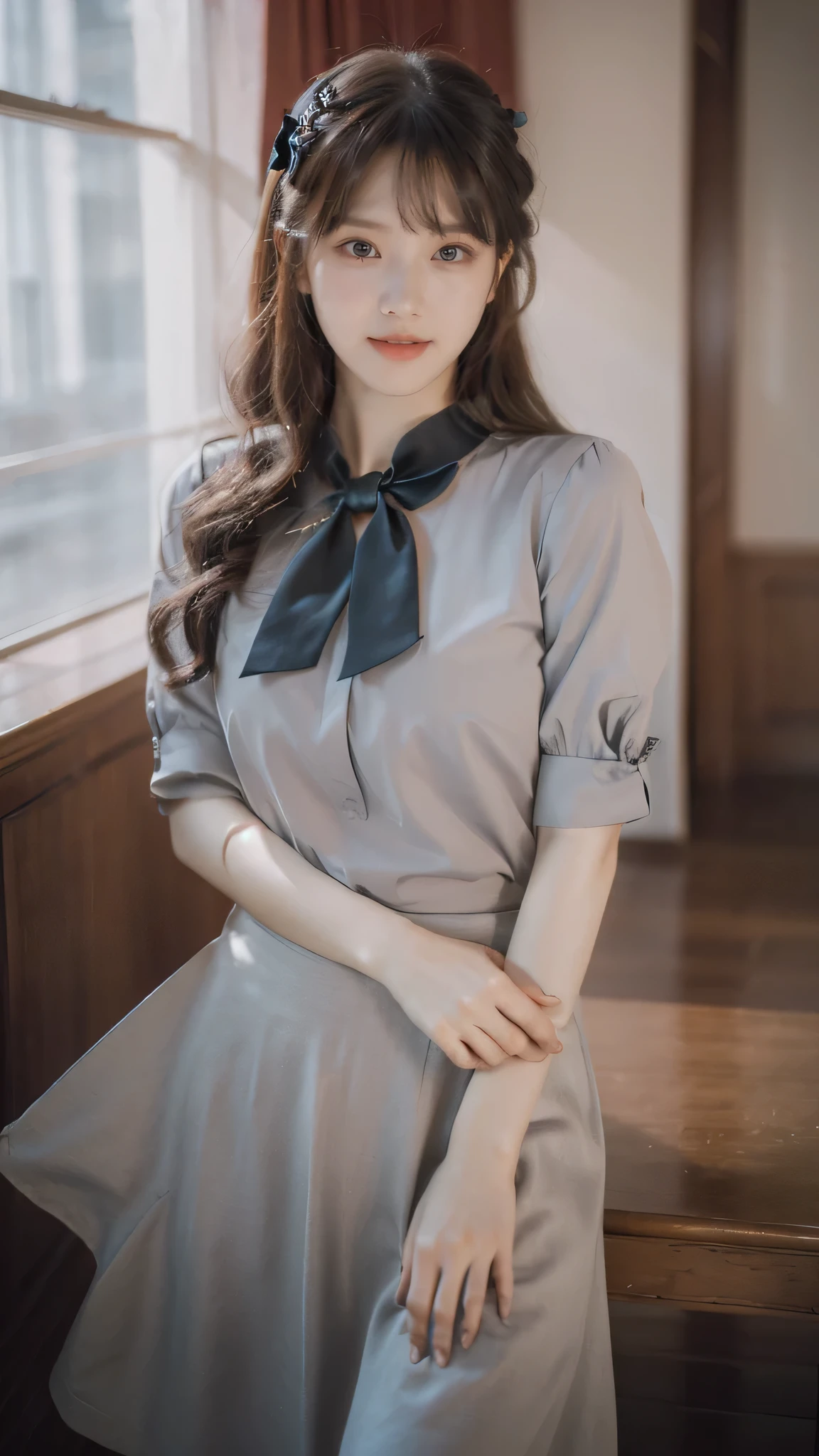detailed background, masterpiece, best quality, 1 person , curly hair, long hair, purple eyes, star in eye , grey blouse, long skirt, grey , grey blouse , beautiful bow, detailed bow, indoor