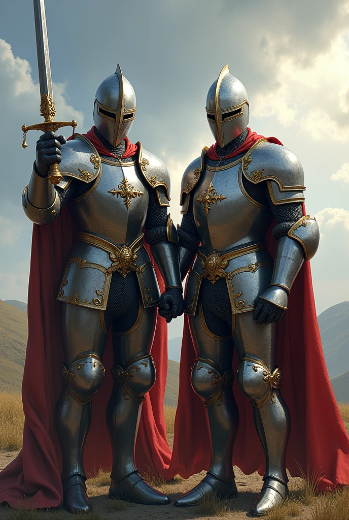 A png of two friend victorious knight holding a sword with 