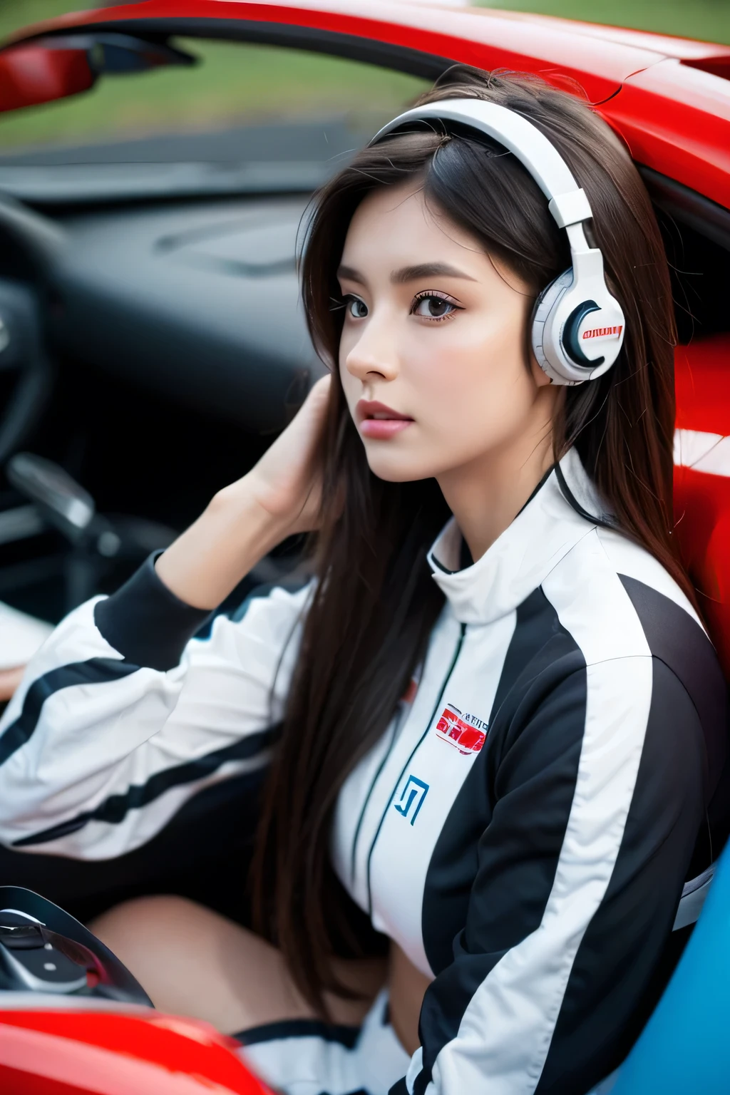 A racing girl wearing a headset records sports car sounds, casual