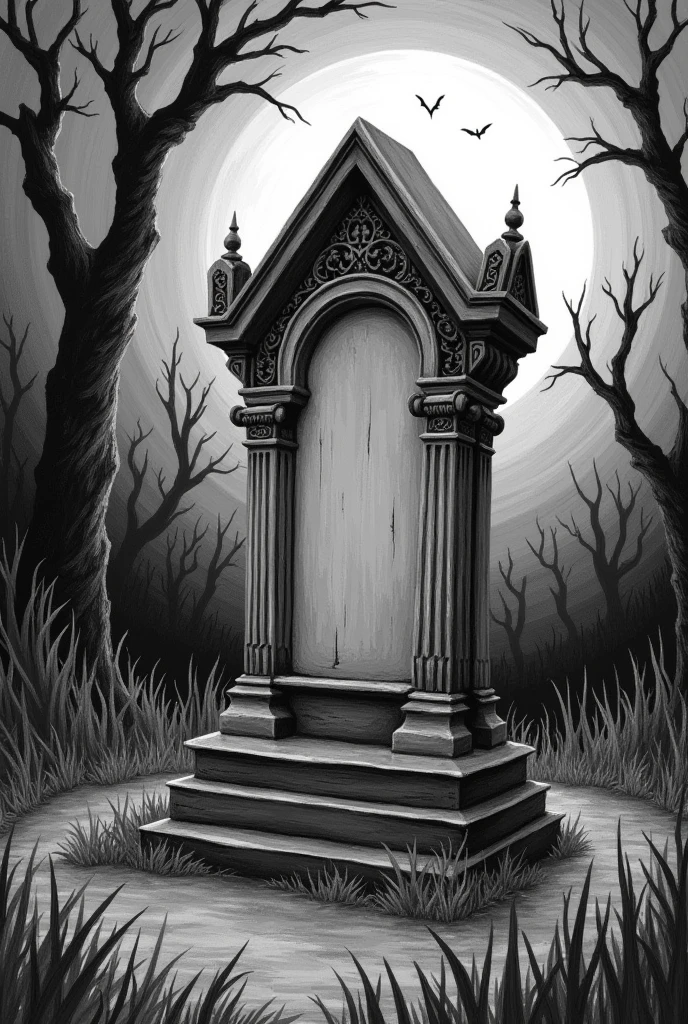 A Tim Burton style drawing of a tombstone in a Tim Burton style gothic cemetery