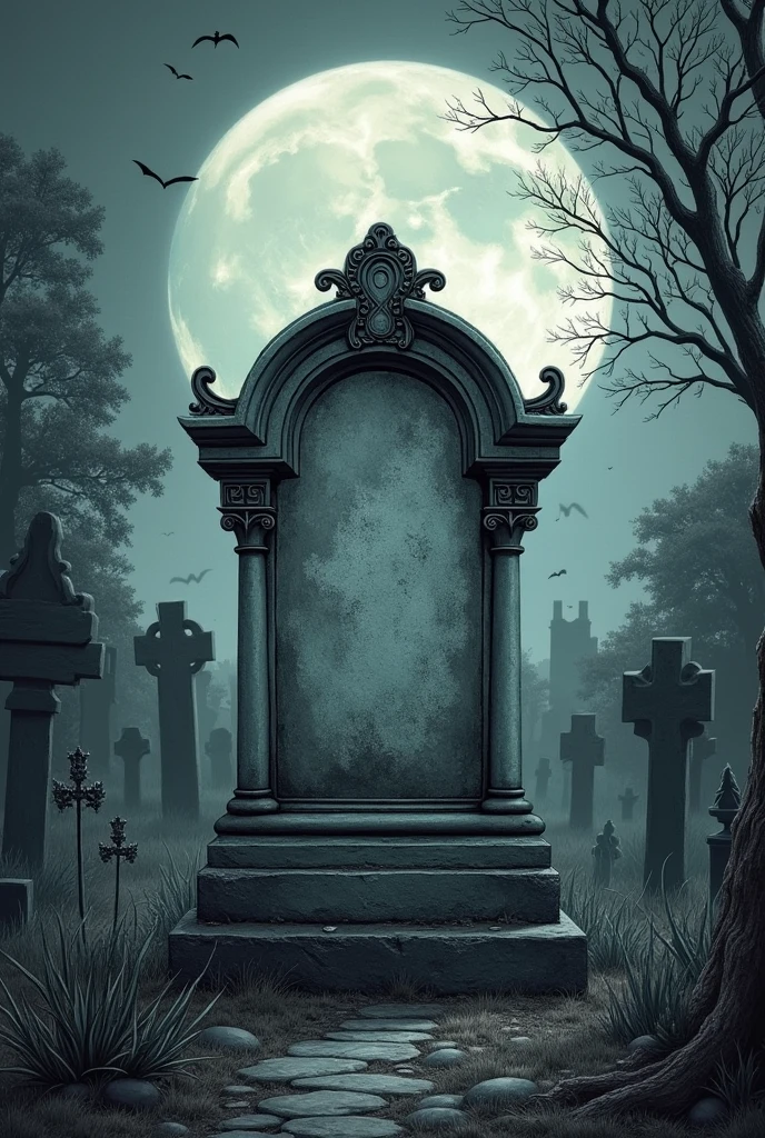 A Tim Burton style drawing of a tombstone in a Tim Burton style gothic cemetery