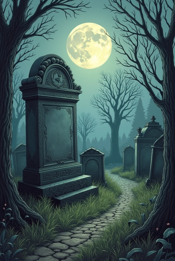 A Tim Burton style drawing of a tombstone in a Tim Burton style gothic cemetery