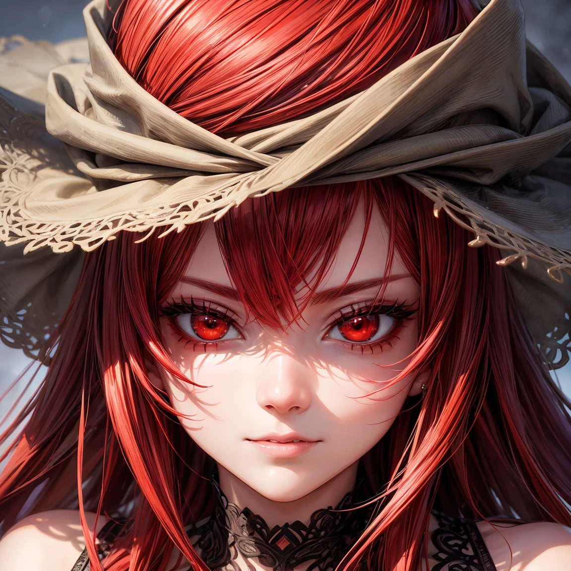 Woman1, face close-up, detailed eyes close-up, bright glowing red eyes, beautiful detailed face, detailed red hair, high detail, better resolution, detailed face and eyes