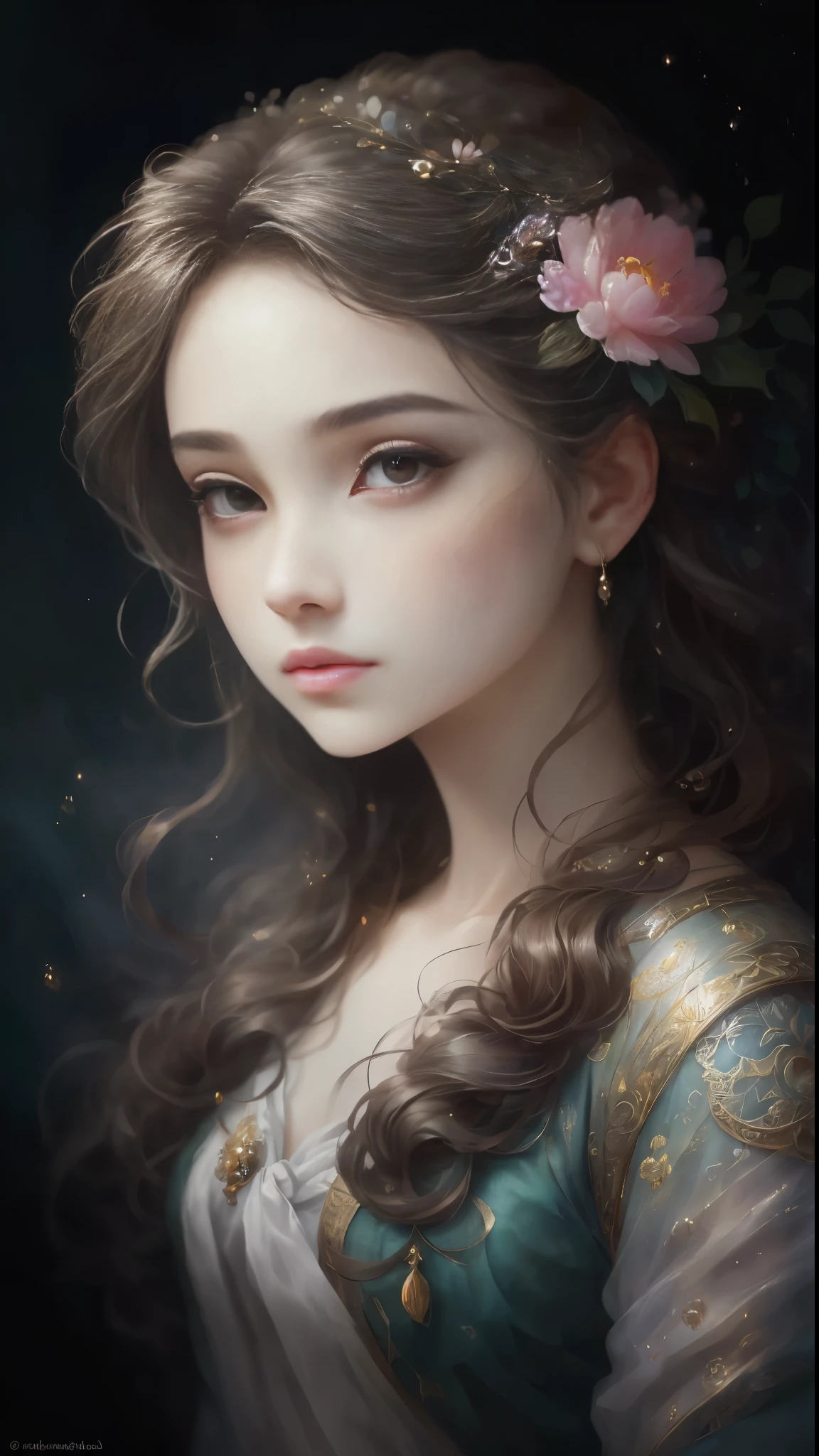 (Best quality, 4K, 8K, A high resolution, Masterpiece:1.2), Ultra-detailed, Realistic portrait, Beautifully detailed eyes, beautiful detailed lips, Detailed expression, Graceful posture, subtly lit, Dreamy atmosphere, Dark-toned background, expressive brush strokes, mystical ambiance, Artistic interpretation, Stunning Studio Ghibli style costumes, a whimsical illustration, Subtle colors and tones, mystical aura,