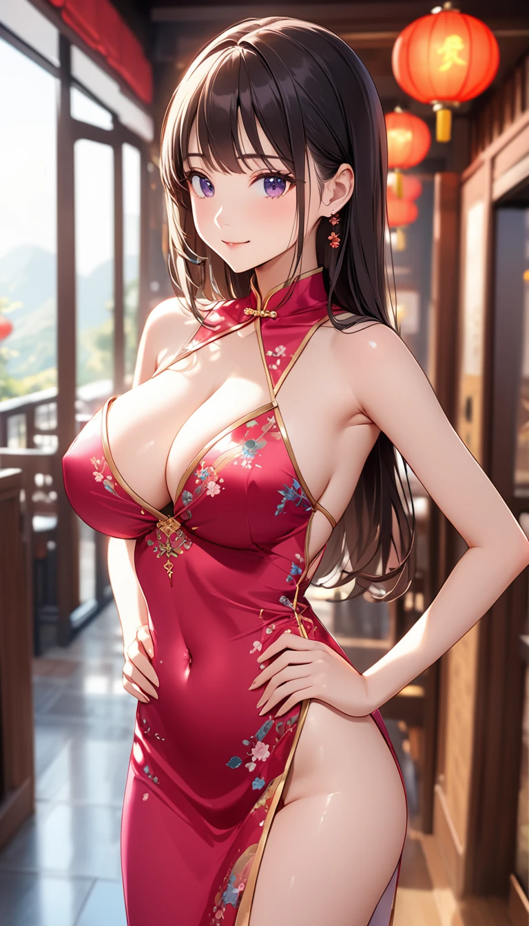 高いquality illustration, masterpiece, Very delicate and beautiful, Attractive girl,(Shiny pink Chinese dress),thin,Slender body,slim,Chinese restaurant background,Princess, Beautiful Eyes、smile、blush、(masterpiece, Highest quality:1.2), High res, Very detailed CG ユニティ 8k 壁紙, Perfect lighting, colorful, Ultra-high res,4K,Very detailed, photograph, 8k, High resolution, 、Female organ、Thick pubic hair、Thick pubic hair、Big Breasts、Cleavage、Hands on hips、Armpits