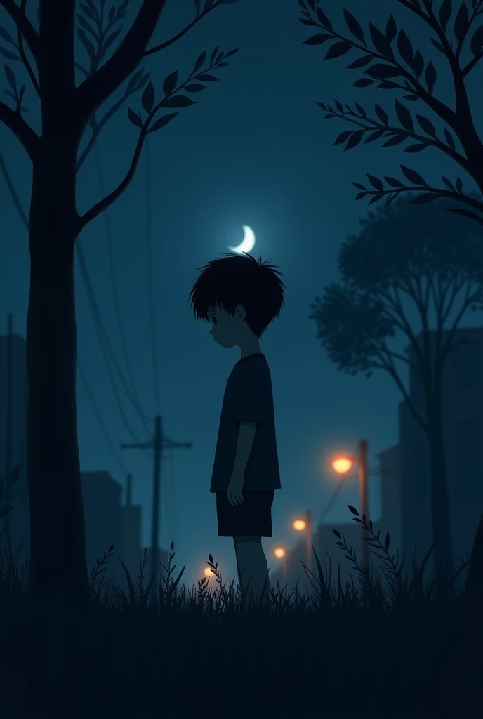 Night time a alone boy try to say something but he is not