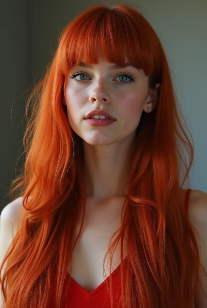¿a woman with very long straight red hair and bangs?