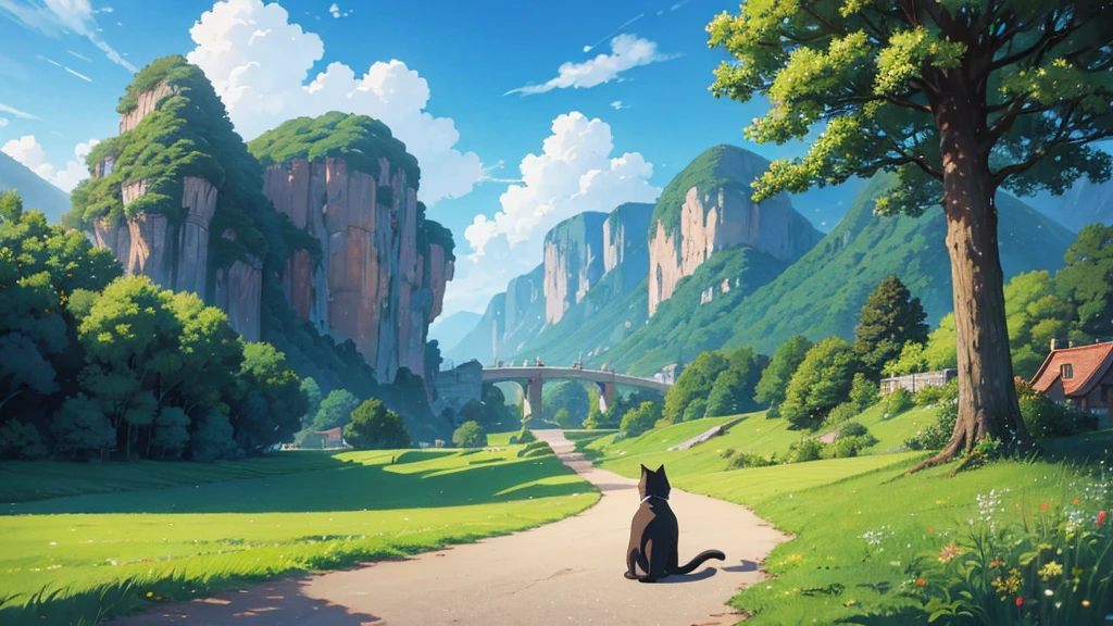 Ghibli style,landscape,One cat,wideshot,Ghibli styleイラスト,Detailed illustrations,High quality