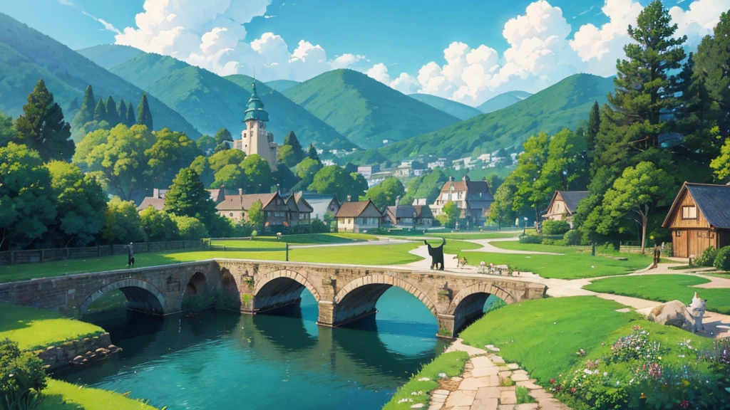 Ghibli style,landscape,One cat,wideshot,Ghibli styleイラスト,Detailed illustrations,High quality