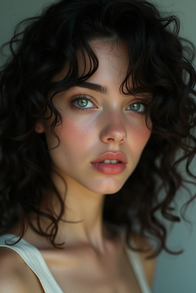 girl with black hair, crespo, green eyes and full body 