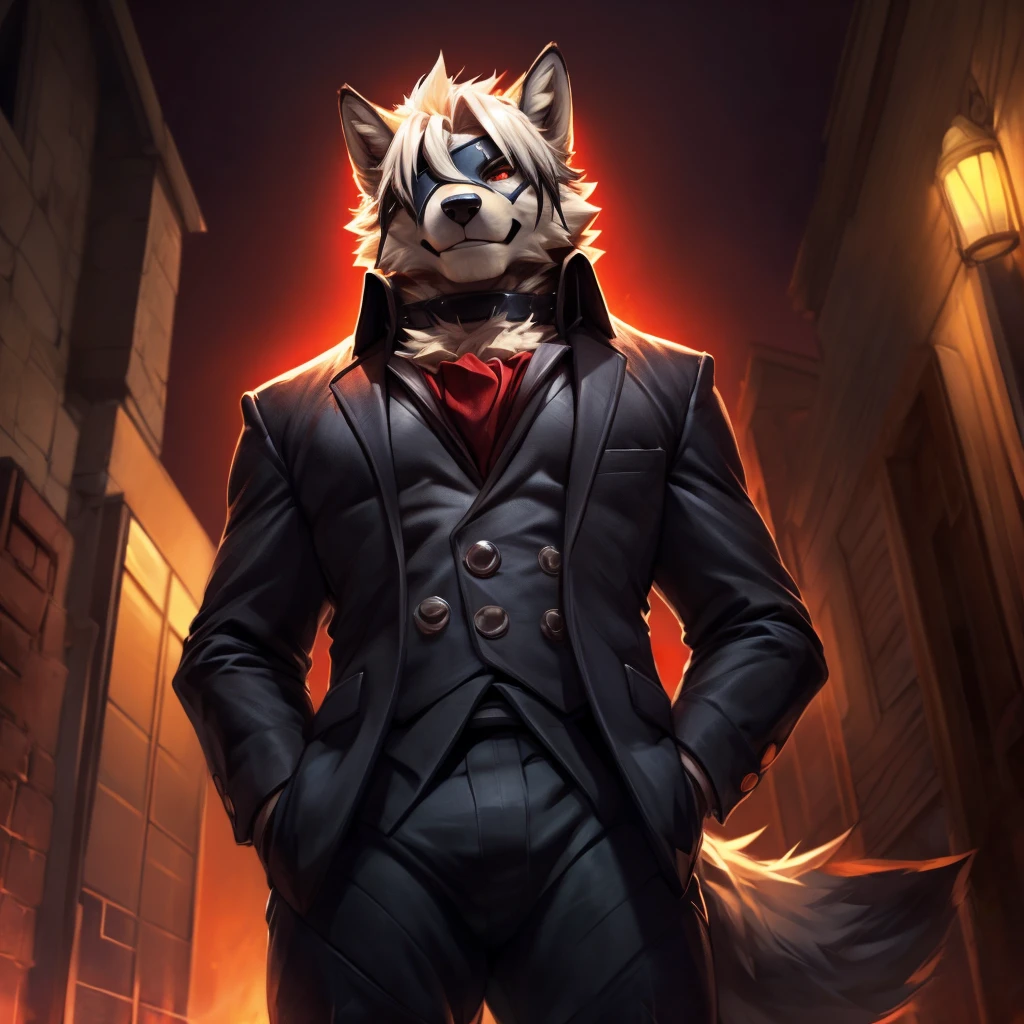Von Lycaon, Male, Solo, Eye Patch, Hands on Hips, Wolf Tail, Well-groomed fur, Avoid Eye Contact, Fancy Motel Background, Handsome Face, Sexy, Daddy, Fancy Clothes, Detailed eyes, Red eyes, Smile, Pointy Wolf Ears, (Depth of Field, Vibrant Colors, dramatic Lighting, Natural Textures, Wide Angle Lens, Low Angle Close Front Shot), ( by null-ghost, by darkgem, by snartles),