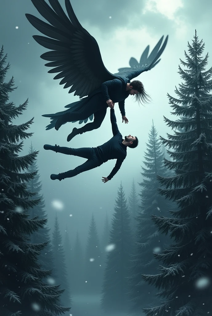Book cover with a man falling from the sky, Below it there is a forest. A man with wings tries to reach him and above him there are many clouds, It's snowing a little and you can see the snowflakes in the distance, They are both dressed in black and the one who is falling is lying on his side without consciousness