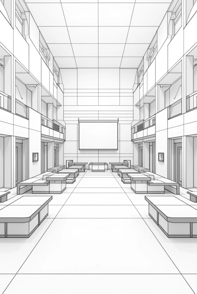 Drawing of a classroom made entirely of geometric figures that is symmetrical, 