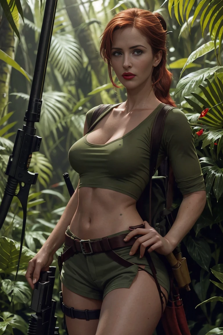 full bod of young gillian anderson as lara croft, red hair, long ponytail, green eyes, girlish face, long graceful neck, red lips, short tight brown canvas shorts, tied up, tiny square backpack, she is in a dense jungle, holstered guns on each thigh, a snake is coming up her legs