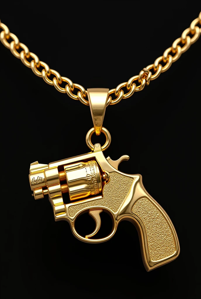 Gold necklace with the image of a gun and the name Cheily engraved