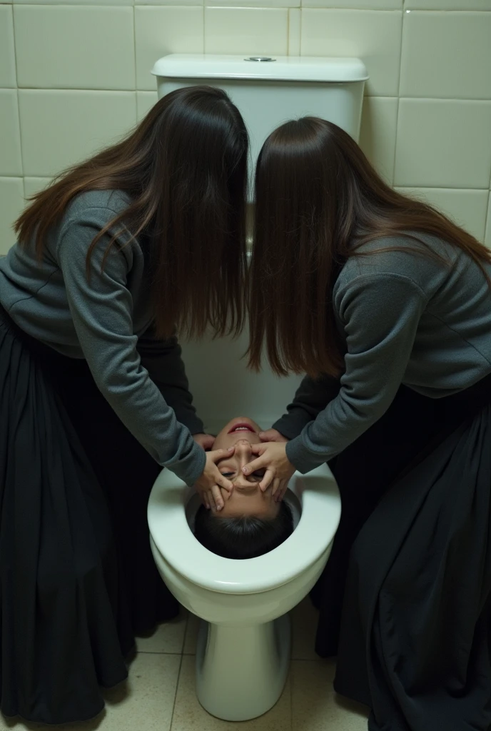 Group of school girls in long black skirts and long hair shoving dead boy&#39;s face into toilet bowl and drowning him