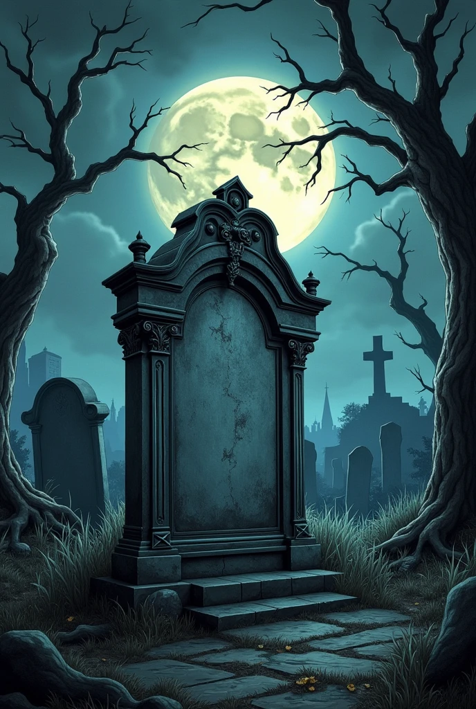 A Tim Burton style drawing of a tombstone in a Tim Burton style gothic cemetery, dark environment