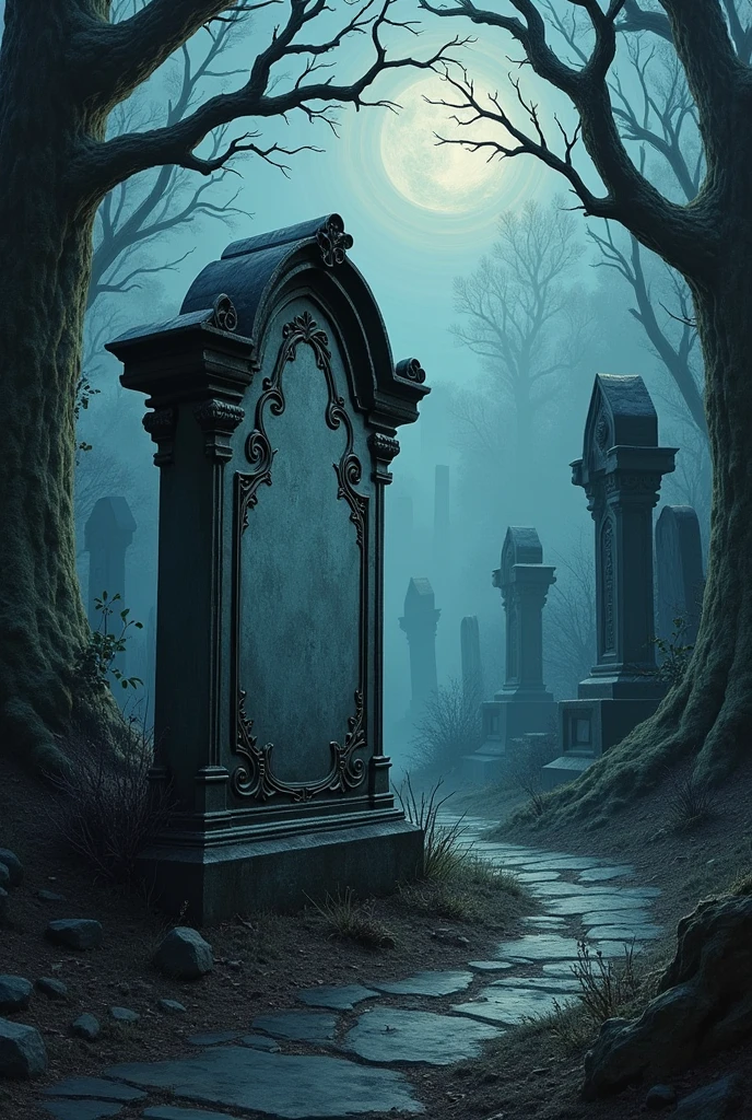 A Tim Burton style drawing of a tombstone in a Tim Burton style gothic cemetery, dark environment