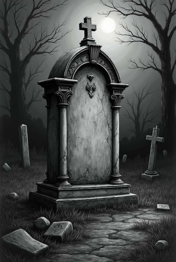 A Tim Burton style drawing of a tombstone in a Tim Burton style gothic cemetery, dark environment