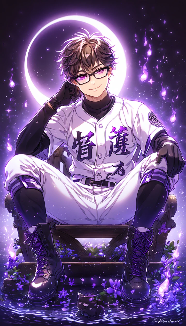 absurdres, highres, ultra detailed, HDR, master piece, Miyuki Kazuya, brown hair, expressive amber eyes, black glasses, white baseball uniform, black gloves, Diamond No Ace, sexy man sitting, handsome, best quality, purple glittering crescent moon, purple flowers, fantasy, magical, solo, water, purple shining fireflies, purple petals, sensual, purple fire, manly man, handsome smile