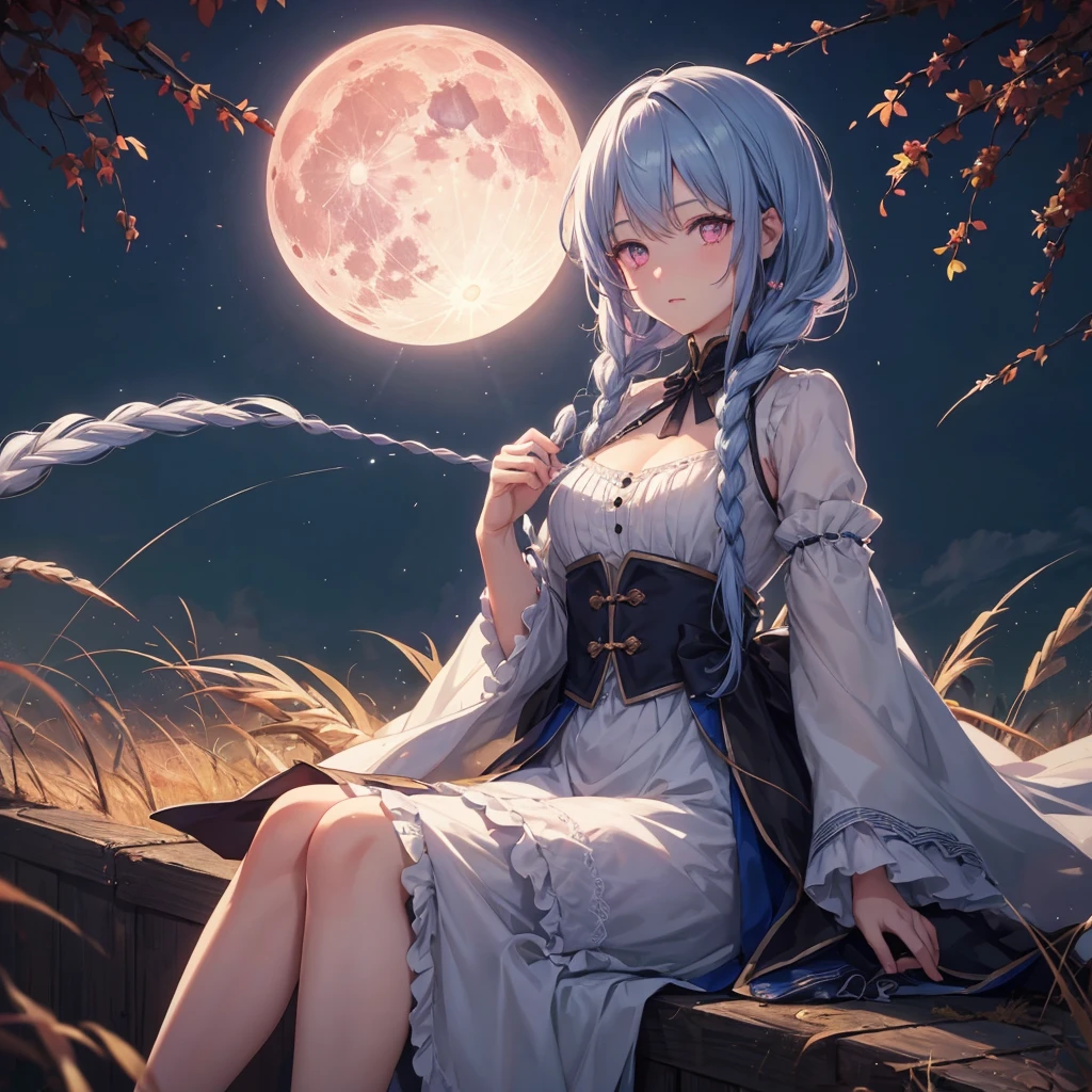 (Braiding),(Sky blue medium hair), (Pink eyes),(Fair skin)  ,(whole body),(One Girl),(harvest moon),(A large amount of Miscanthus sinensis in the background),autumn,(full moon),(masterpiece, Highest quality, Very detailed, Best Shadow), (Detailed Background), (Beautifully detailed face), High Contrast, (Best lighting, Very delicate and beautiful), ((Cinematic Light)), Hyper Detail,8k, Dramatic Light, Intricate details