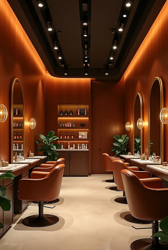 A hair salon with rosewood walls and gold finishes