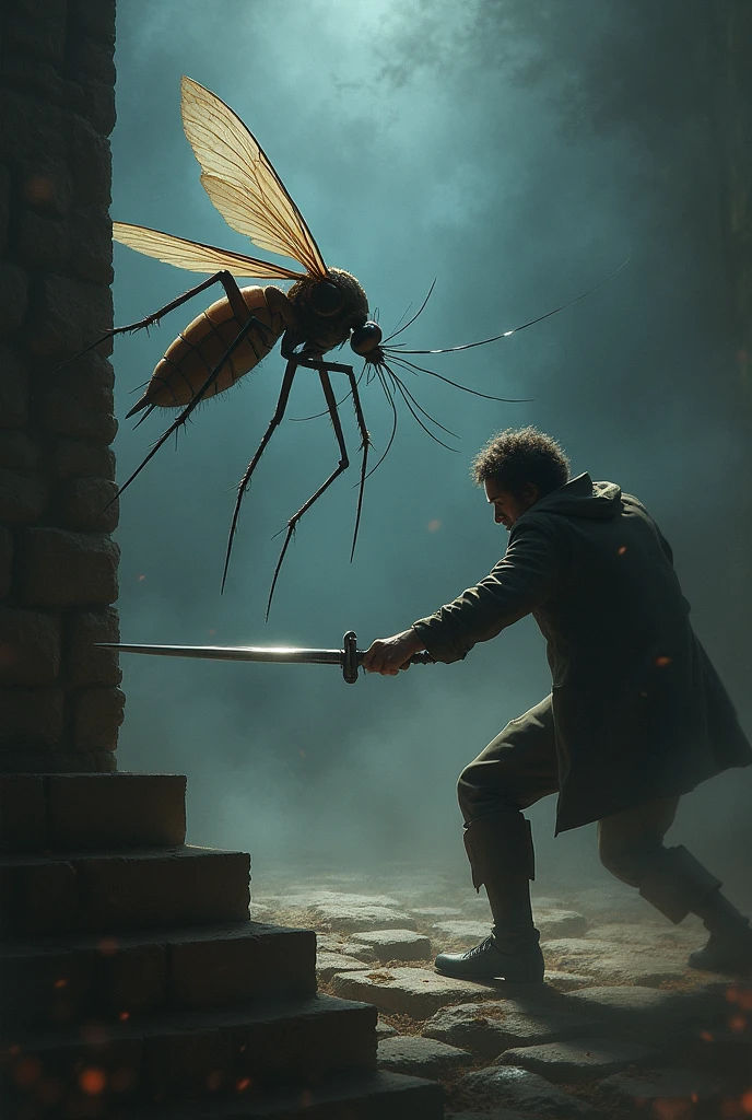 A mosquito being killed with a sword