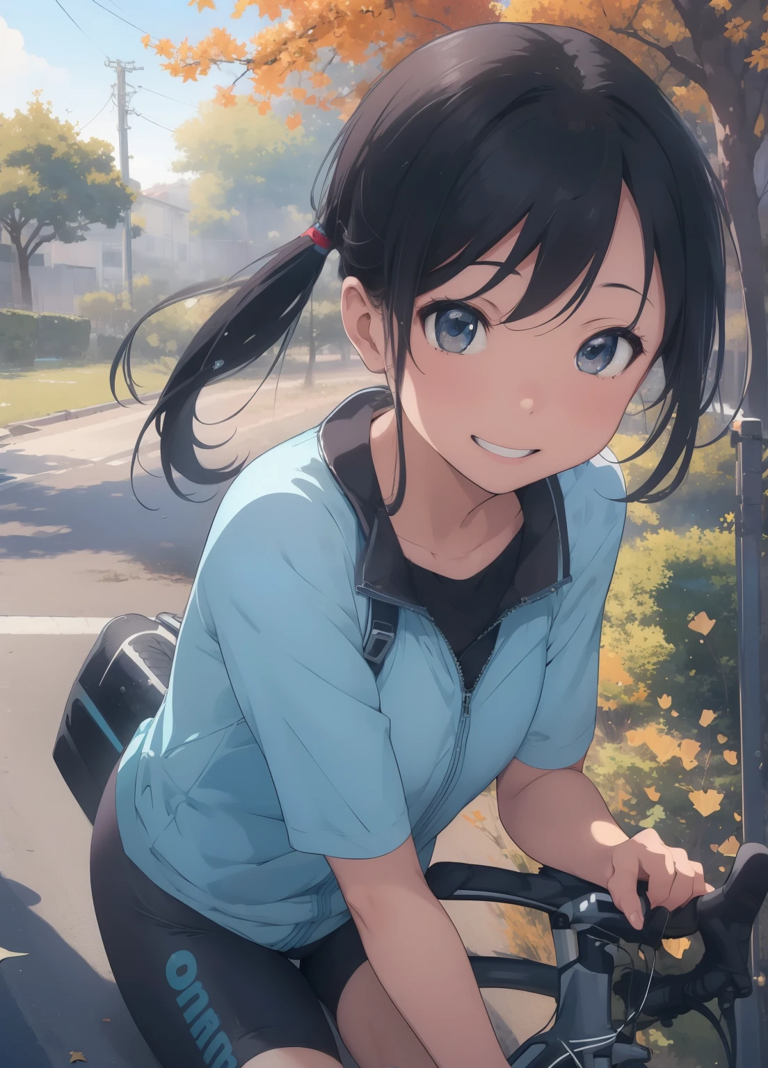 (masterpiece、Highest quality、Highest quality、Official Art、Beautiful and beautiful:1.2)、(One girl:1.3)Hatsune Miku、Twin tails,Beautiful breasts, Katsushika Hokusai,(Realistic), (Intricate details: 1.2), (Tabletop: 1.3), (Highest quality: 1.4), (Ultra high resolution A: 1.2), Ultra high resolution A, (Detailed eyes), (Detailed face), Dramatic lighting, Sharp focus, 1 Beautiful Girl,Beautiful Japanese Idols,(Road Bike Racing Uniform),Teenage girl with perfect bike ride,In addition々Cowardly face, Beautiful Face, smile,Big Ass,Perfect hands,Beautiful legs,(Ride a road bike:1.2),Ginkgo tree with leaves,Autumn blue sky,Observe your audience,