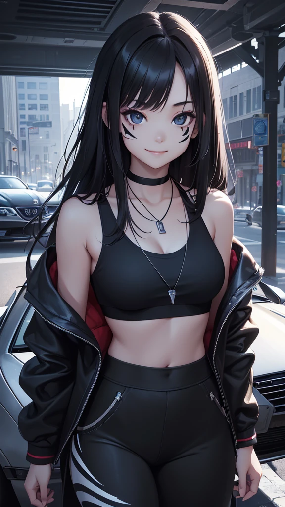 最high quality、best image quality、masterpiece、age girl((18-year-old、 By becoming、vest bust、medium bust,wide open brea、black eye, black hair、long hair、thin,highest valley、cute makeup、red sports bra、Black sports pants、white necklace、black face paint、Navy jacket、smile、Driving a car)),high quality、beautiful art、background((the way、car)),debris flies、Depth of written boundary、movie、visual art、perfect art、8k,genuine