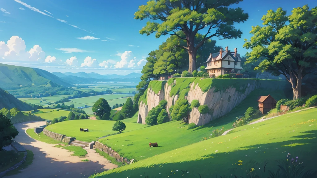 Ghibli style，landscape，One cat，wideshot，Ghibli styleイラスト，Detailed illustrations，High quality