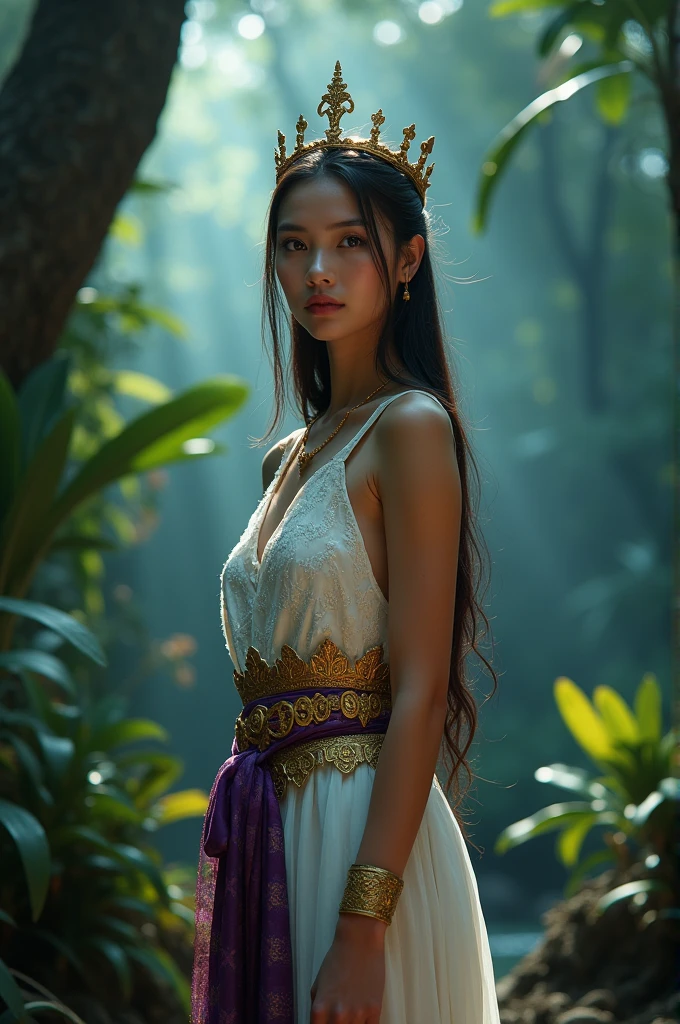 full lenght hiper 4k Think of it as a movie poster, In the Wind of Flowers, full-length standing shot of a beautiful, sweet-looking 25-year-old young woman looking straight ahead, wearing a white and gold-shimmering Thai Dusit dress, a purple and gold sarong, long black hair, tied loosely, wearing a small golden snake crown, light from the stars, a beautiful, realistic scene of a mysterious jungle, shimmering light, 3D image, oil painting, sharp image