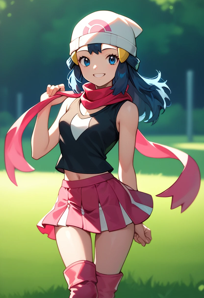 masterpiece, Best Quality, 1 girl, dawn \(Pokémon\), cap, by the wide, For the blue, blue eyes, Black sleeveless shirt, pink scarf, pink skirt, pink boots, smile, looking at the viewer, field background,sexy,sexy poses