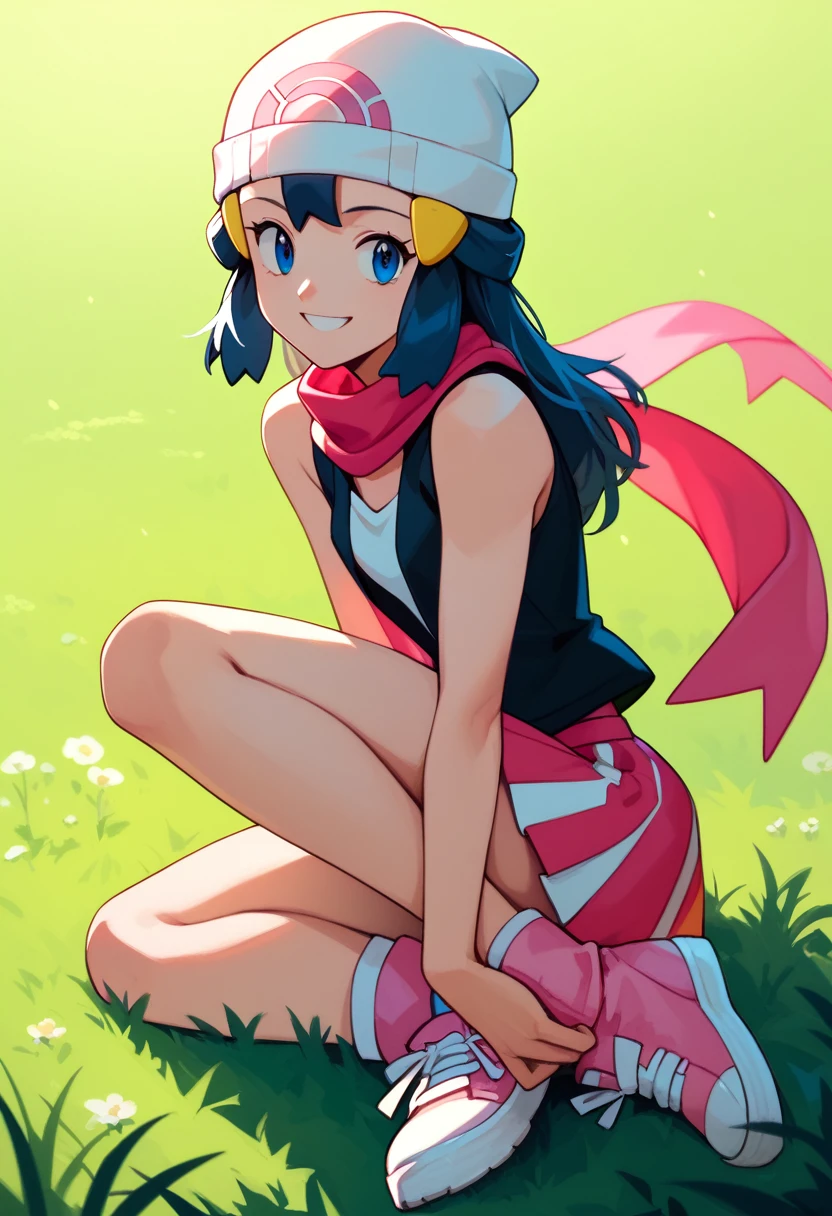 masterpiece, Best Quality, 1 girl, dawn \(Pokémon\), cap, by the wide, For the blue, blue eyes, Black sleeveless shirt, pink scarf, pink skirt, pink boots, smile, looking at the viewer, field background,sexy,sexy poses