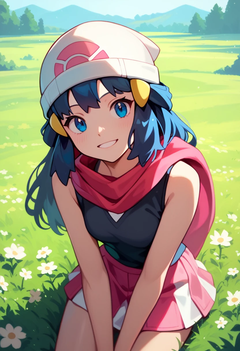 masterpiece, Best Quality, 1 girl, dawn \(Pokémon\), cap, by the wide, For the blue, blue eyes, Black sleeveless shirt, pink scarf, pink skirt, pink boots, smile, looking at the viewer, field background,sexy,sexy poses