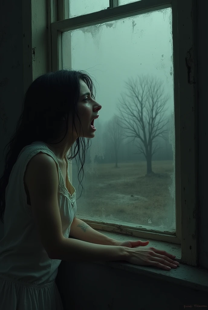 A thin and pale woman, looking through a dark or half-open window, desperately calling outwards, with a desolate or empty exterior landscape, reinforcing the feeling of hopelessness.