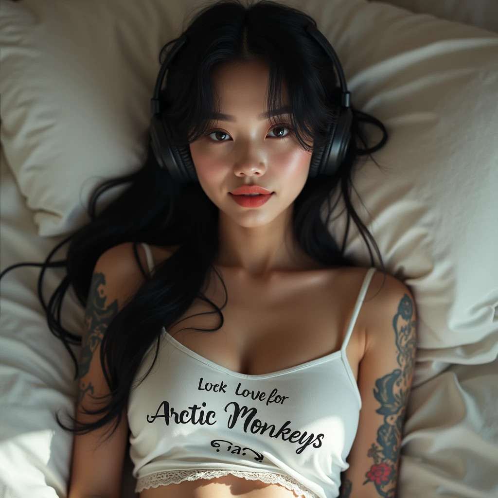 Beautiful black-haired Asian Girl, inexplicable beauty, beautiful eyes, beautiful lips, and beautiful long black hair, with small waves at the ends, with tattoos, and a short white shirt with a message that saids "i love arctic monkeys", lying on the bed posing while wearing headphones listening to music, with big tits