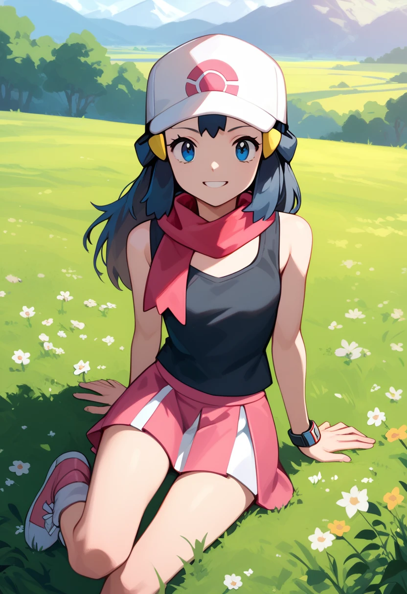 masterpiece, Best Quality, 1 girl, dawn \(Pokémon\), cap, by the wide, For the blue, blue eyes, Black sleeveless shirt, pink scarf, pink skirt, pink boots, smile, looking at the viewer, field background,sexy