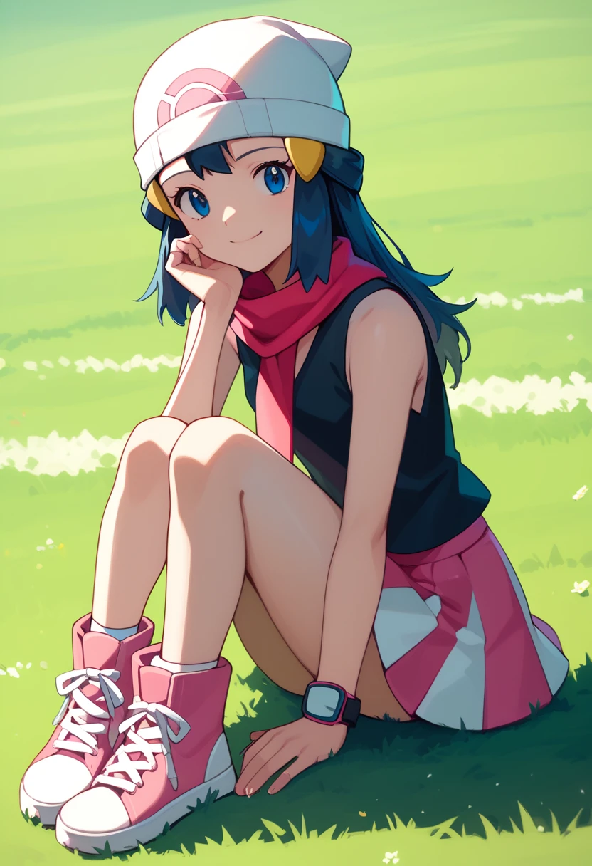 masterpiece, Best Quality, 1 girl, dawn \(Pokémon\), cap, by the wide, For the blue, blue eyes, Black sleeveless shirt, pink scarf, pink skirt, pink boots, smile, looking at the viewer, field background,sexy