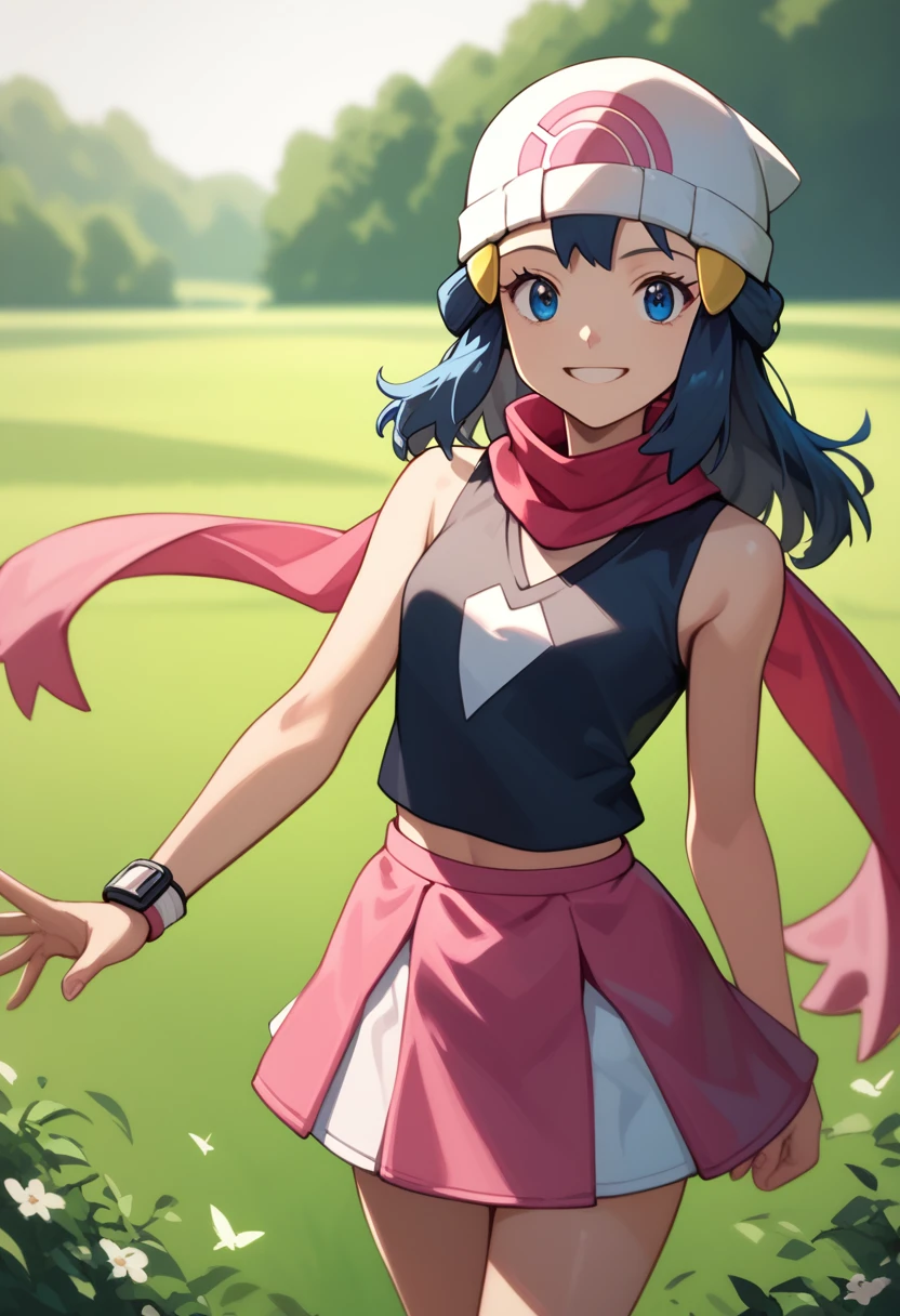 masterpiece, Best Quality, 1 girl, dawn \(Pokémon\), cap, by the wide, For the blue, blue eyes, Black sleeveless shirt, pink scarf, pink skirt, pink boots, smile, looking at the viewer, field background,sexy