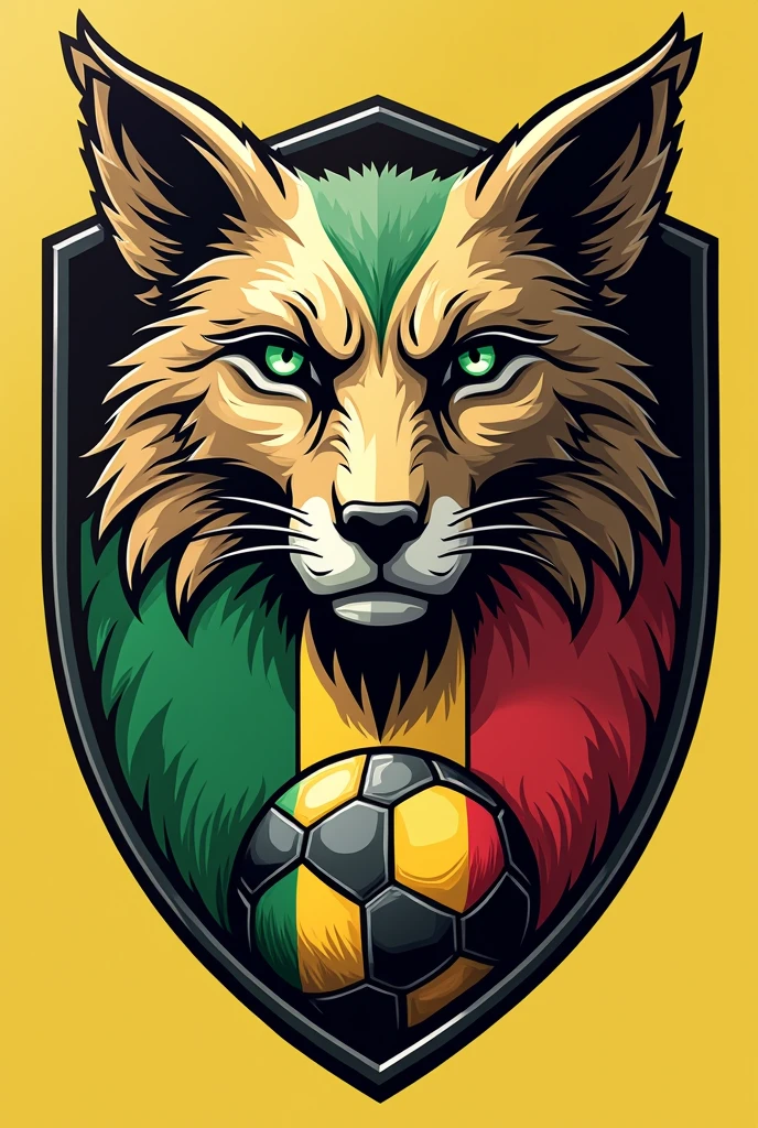 Make a soccer shield with the name of Pumas f.c integrates a green and red ball and flag and the realistic animal