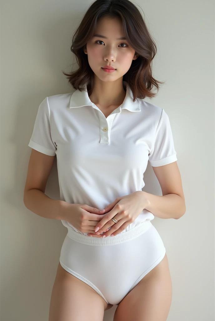 巨乳でブラジャーが透けてるボタンをきっちり一番上まで留めたWhite polo shirtと、黄色い染みのついたWhite briefsを身に着けた美少女が、学校の教室で泣きながらMasturbationさせられていて、それを見ながら周囲のがMasturbationしている.,White polo shirt,White briefs,Masturbation